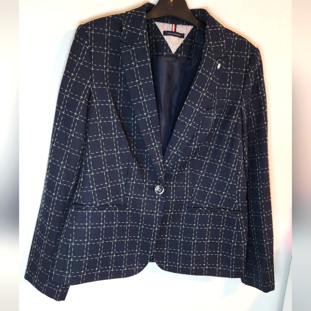 Tommy Hilfiger Plaid Peplum Single-Button Blazer Blue/Green Women's Size 12